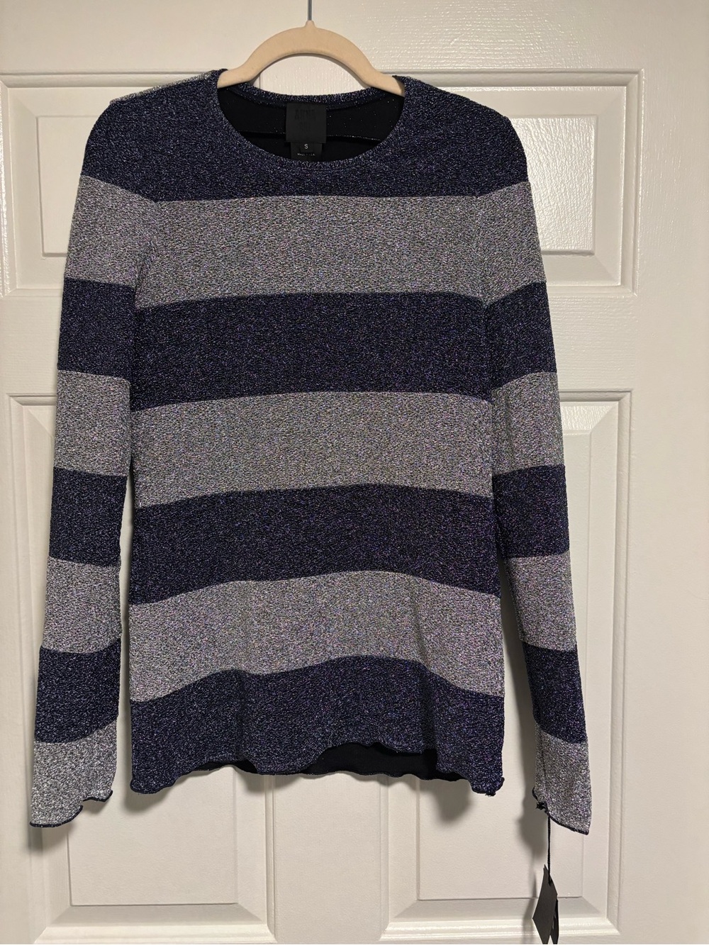 NEW Anna Sui Striped Sparkle Long Sleeve Knit Sweater - Navy & Silver